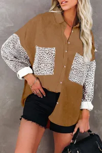 Detailed view of the stylish brown corduroy long sleeve shirt featuring trendy leopard print patches.