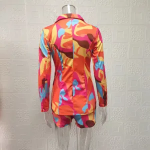 Women colorful abstract print blazer and shorts two piece suit back view detail fashion