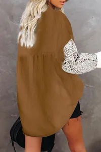 Women's corduroy button down shirt with leopard print long sleeves casual outer wear