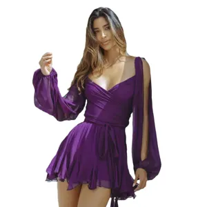 Stylish purple mesh long sleeve mini dress with a wrap v-neck and waist belt for women.