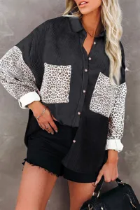 Women's corduroy leopard patchwork long sleeve button down shirt casual fall outerwear