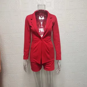 Women red blazer and shorts two piece set, elegant casual commuting suit for women.