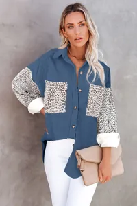 Women casual leopard print patchwork corduroy long sleeve shirt jacket with pockets.