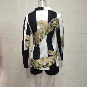 Women fashion blazer and shorts two piece set with black white baroque printed design.