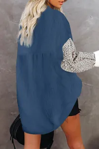 Women's corduroy button-down shirt with leopard print sleeves casual autumn outerwear detail view
