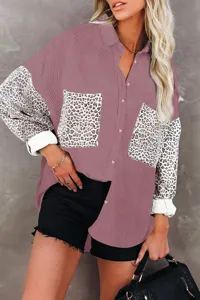 Detailed shot of women corduroy leopard patchwork button down shirt, casual long sleeve top.