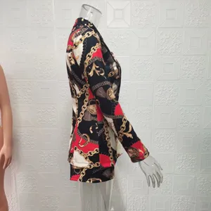 Women baroque chain print blazer and shorts set detailed side view showing stylish design.