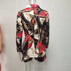 Detail view of women's baroque chain print blazer and shorts set, showing the stylish back design.