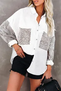 Corduroy long sleeve shirt featuring leopard print sleeves and chest pockets for stylish fall wear.