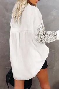 Women corduroy leopard sleeve casual shirt detail view, fashion button down lapel top.
