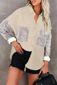 Detail view of the trendy leopard print patchwork corduroy long sleeve shirt jacket for women.