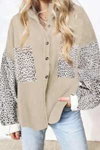 Women's corduroy button down shirt casual long sleeve leopard patchwork top jacket.