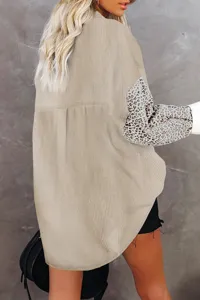 Close-up view of the casual corduroy shirt back with unique leopard print sleeves detail.