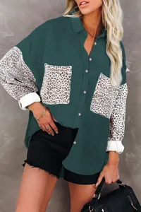 Women Leopard Patchwork Corduroy Long Sleeve Button Down Shirt Jacket Casual Outerwear