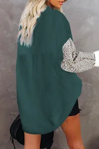 Women casual leopard sleeve corduroy shirt detail view, autumn long sleeve button up jacket.
