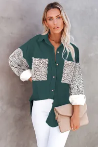 Leopard print sleeve corduroy shirt detail view, stylish lapel casual jacket for women.