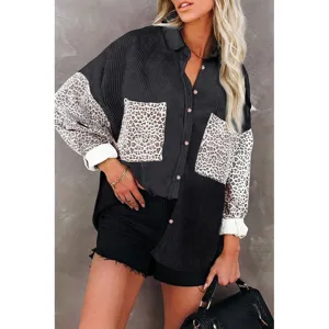 Women corduroy leopard patch shirt casual lapel long sleeve button down top main view