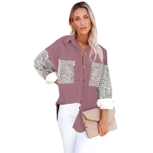 Women corduroy long sleeve button shirt jacket with leopard print pockets casual top
