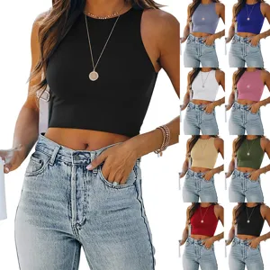 Women Casual Solid Color Sleeveless Round Neck Racerback Tank Top Slim Cropped Summer Basic Tee Polyester