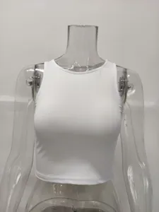 Detail view of the white sleeveless round neck crop top, minimalist solid color style.