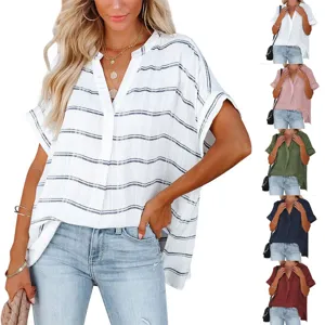 Detailed view of a casual summer short sleeve V-neck striped loose blouse with color options.