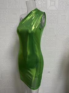 Detailed view of the sexy shiny green one-shoulder sleeveless bodycon mini dress for women.