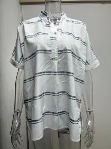 Detail view of casual short sleeve v-neck blouse with blue stripes pattern for summer.