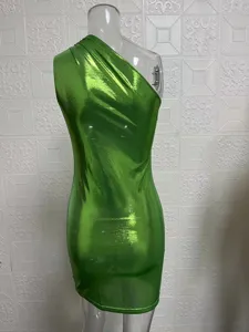 Sleeveless metallic one-shoulder bodycon dress, sexy slim fit party clubwear for women summer.