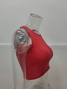 Red sleeveless round neck crop top detail view, stylish summer basic tank top for women.