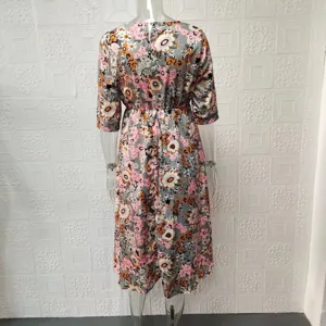 Sommer Blumenprint Midikleid Damen Kurzarm lässig elegant Alltag Kleidung Rückansicht Detail