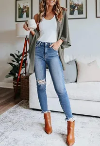 Women casual waffle knit open front cardigan short sleeve sweater loose outerwear top