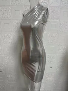 Silver metallic one-shoulder sleeveless bodycon mini dress for women summer sexy party club wear