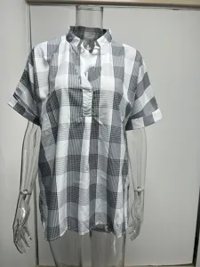Detailed view of a casual women's black and white plaid short-sleeve V-neck loose summer shirt.