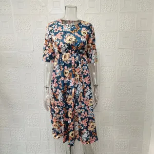 Sommer Damen Blumenmuster Kleid Kurzarm Freizeit Midikleid elegante Damenbekleidung