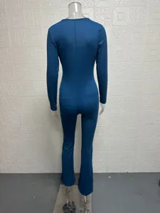 Back view of women's long sleeve wide leg stretchy jumpsuit detailed design fit