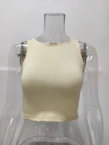 Women solid color sleeveless round neck crop top tank top basic summer casual wear detail