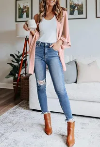 Womens waffle knit cardigan casual loose open front sweater fashion three quarter sleeve