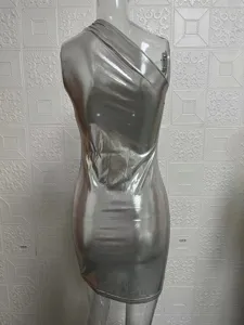 Silver metallic one-shoulder bodycon dress detail, sleeveless sexy slim summer party wear.