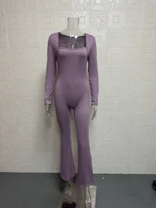 Purple long sleeve square neck wide leg jumpsuit, slim fit stretchy one-piece outfit detail.