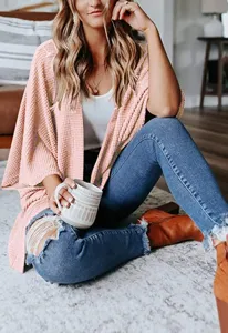 Women Casual Open Front Waffle Knit Cardigan 3/4 Sleeve Loose Lightweight Soft Sweater