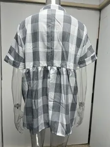 Black and white plaid short sleeve shirt detail, loose fit casual summer blouse back view.