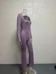 Women long sleeve square neck solid color flare leg casual slim fit jumpsuit for daily wear.