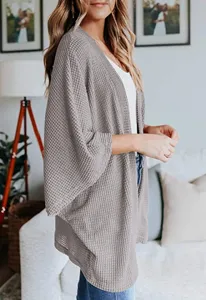 Women waffle knit cardigan open front loose casual three quarter sleeve sweater grey