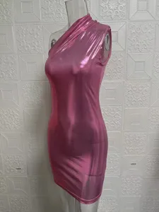 Pink metallic one-shoulder bodycon dress summer sexy sleeveless mini party clubwear.