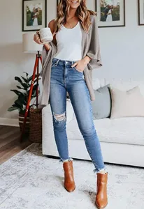 Detailed view of women casual waffle knit cardigan loose three-quarter sleeve sweater outfit.