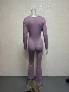 Women's long sleeve high stretch wide leg casual solid purple fashion jumpsuit apparel.