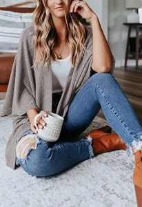 Casual waffle knit cardigan for women, loose open front sweater with 3/4 sleeves for fall.