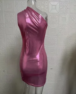 Cross-border European American style pink metallic one shoulder sleeveless bodycon dress
