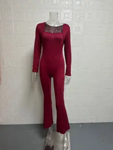 Burgundy long-sleeve square neck wide-leg jumpsuit, comfortable and stylish daily wear.