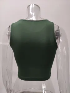 Solid color sleeveless crew neck racerback crop top for women, dark green summer fashion basic.